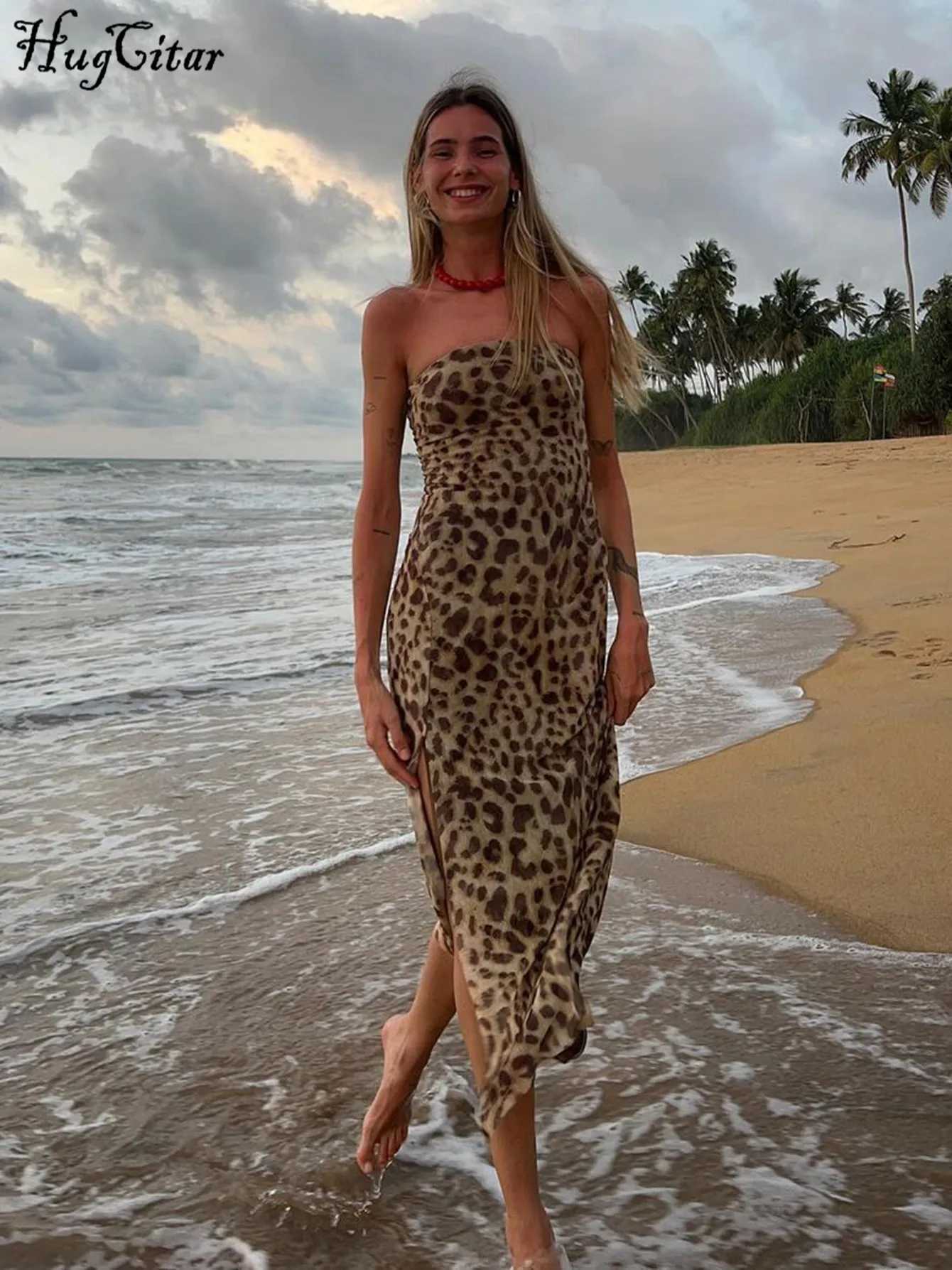 Hugcitar Women Fashion Leopard Print Strapless Slit Sexy Bodycon Midi Dress Summer Y2K Outfits Beach Vacation Club Sundress XJ250610