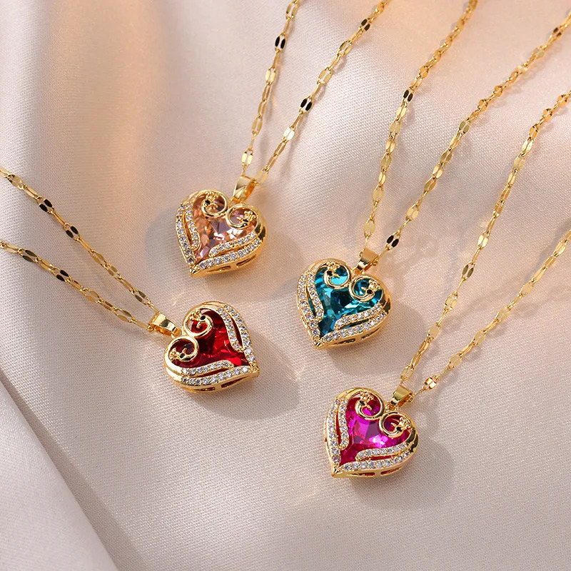 Colorful Zircon Love Heart Pendant Necklaces for Women Girls Stainless Steel Trendy Romantic Jewelry Accessories Gifts 250609