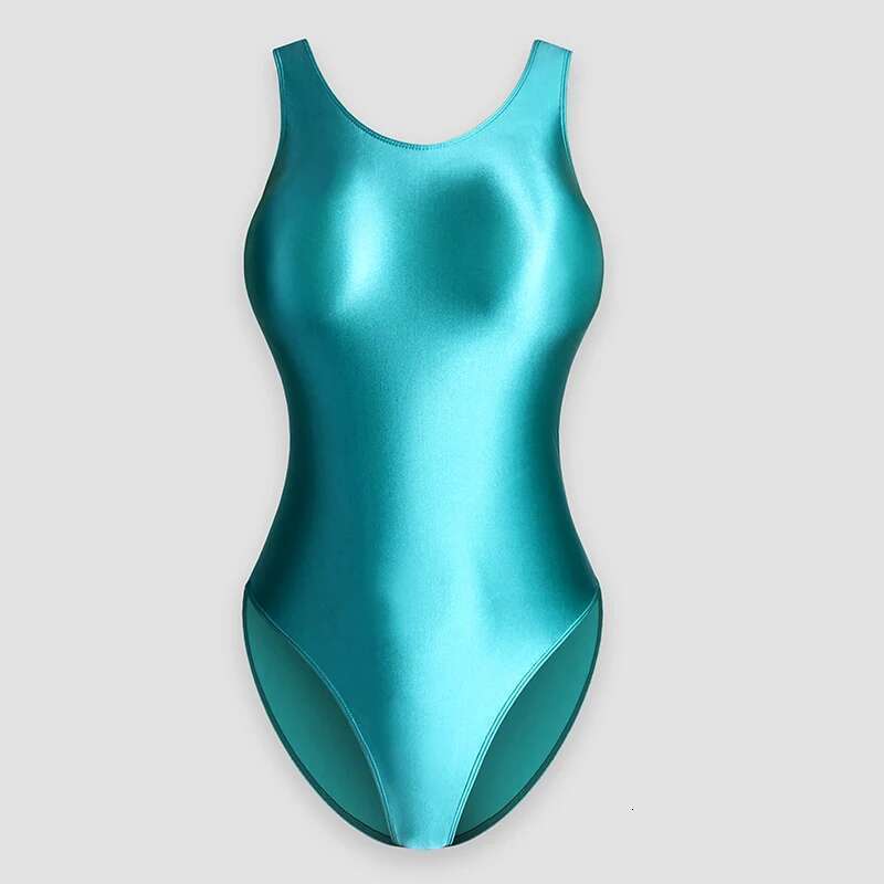 Japanese Satin Glossy Shiny Crotchless One Piece Swimsuit Sexy High-Cut Bikini Briefs Body Suits Silky Smooth Women Swim Wear