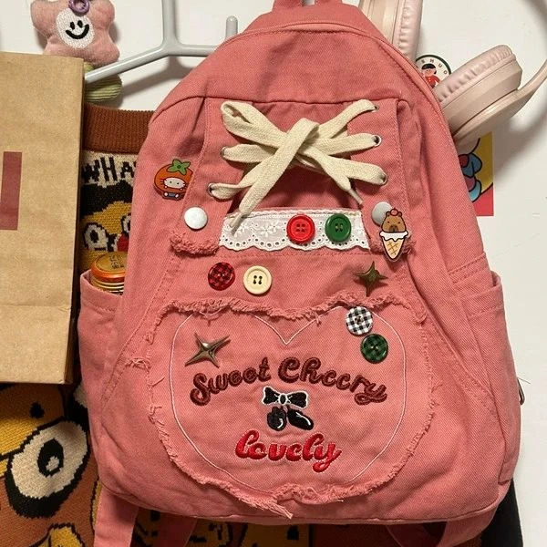 Japanese Cartoon Cute Backpack Schoolbag School Supplies Womens Bags Kawaii Bow Button High-capacity Backpacks 250606