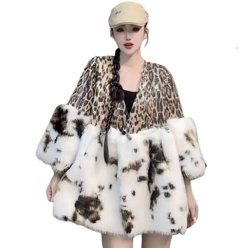 Faux Mink Fur Coat for Women,Leopard Print Spliced Jacket,Thick Warm Clothes,High Quality,Autumn and Winter,2024