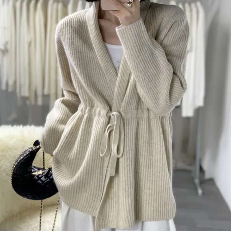 100% Wool Cardigan Women's Loose Jacket For Autumn Winter, Mid To Long Style With Tie Up And Waist Cinching Knit Sweater