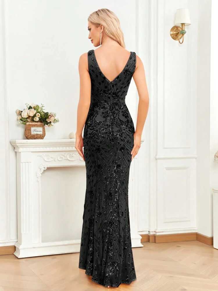 Elegant Slit Evening Dress 2024 Women Long Mermaid Formal Sequins Sexy V-neck Cocktail Wedding Party Prom Dresses XJ250610