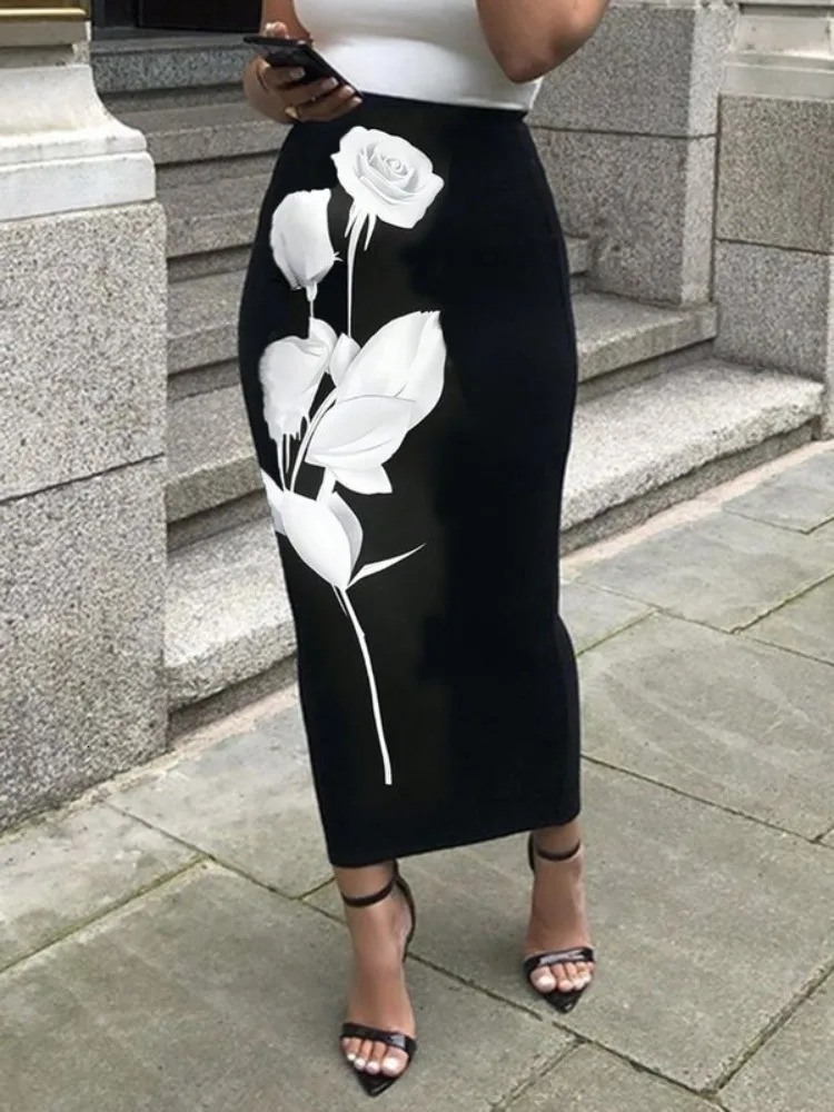 Missuoo Elegant Skirt for Women Contrast Color Floral Printed High Waist Skinny Skirts Office Ladies Bottoms 250515