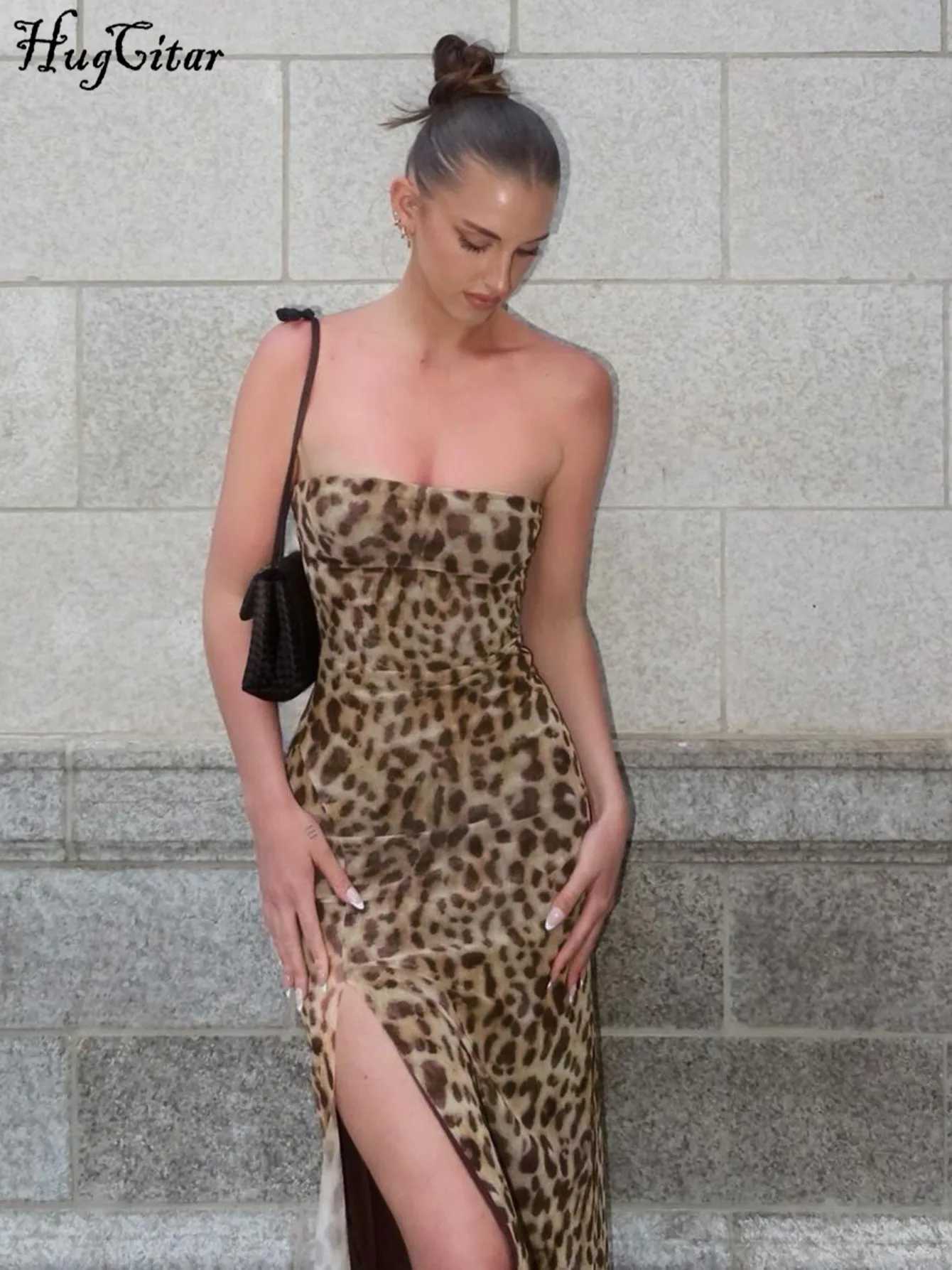 Hugcitar Women Fashion Leopard Print Strapless Slit Sexy Bodycon Midi Dress Summer Y2K Outfits Beach Vacation Club Sundress XJ250610