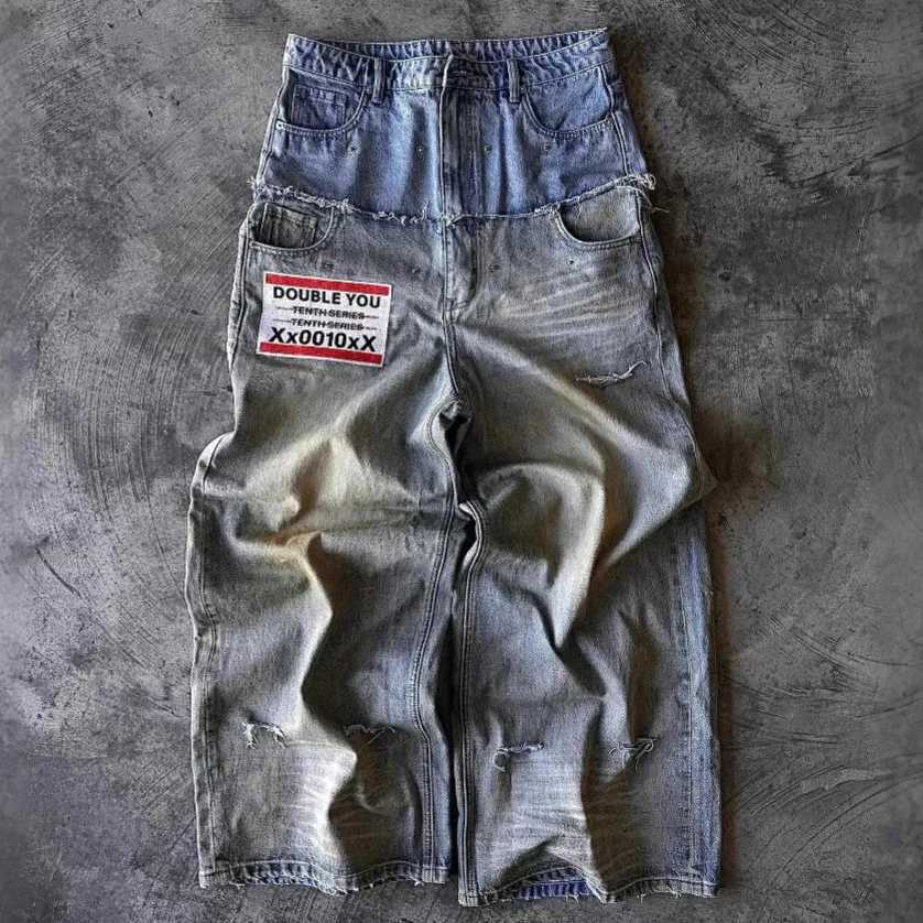 Street hip hop letter-print jeans Men y2k Goth punk Harajuku ripped wide leg pants Retro loose straight leg double waisted pants M250610