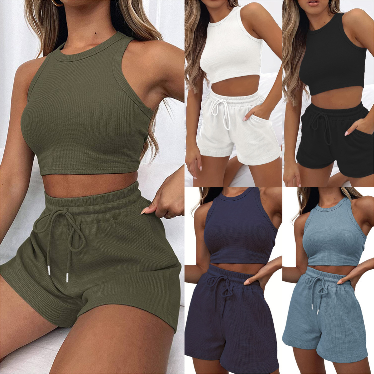 Designer Women Sportswear Sleeveless Waffle 2-piece Set Women Solid Color Shorts Tank Top Strap Shorts Summer Sexy Casual Sportswear