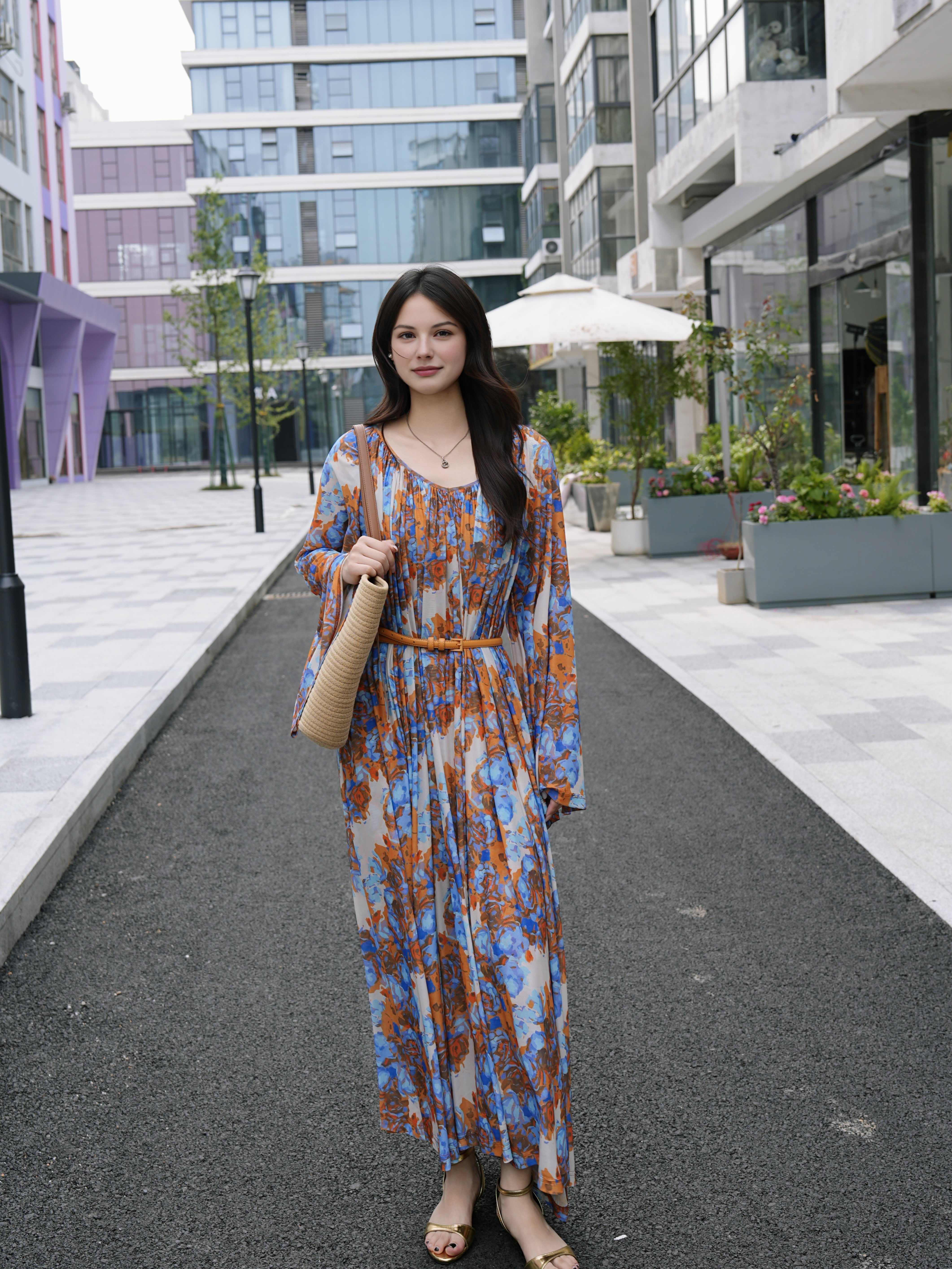 HZHJ's new original designer style orange blue floral dress appears white and thin, high-end, light luxury and western-style