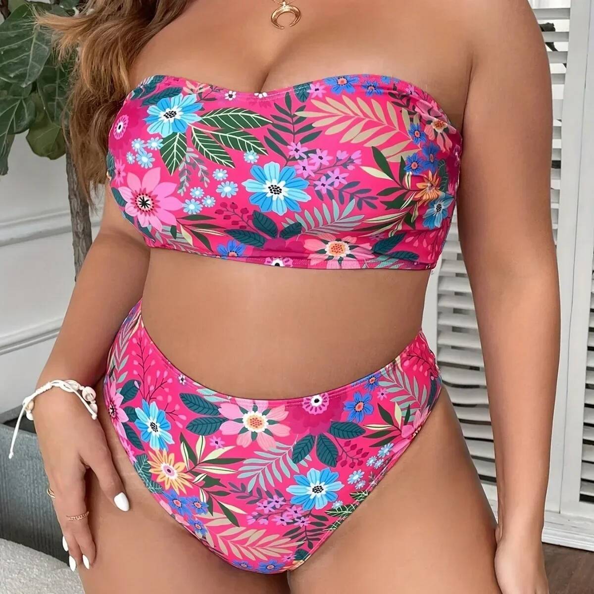 Sexy Strapless Bikini Set Women Swimsuit Print Puch Up Biquini Big Plus Size Swimwear Bandage Female Bathing Suit Beachwear 5XL