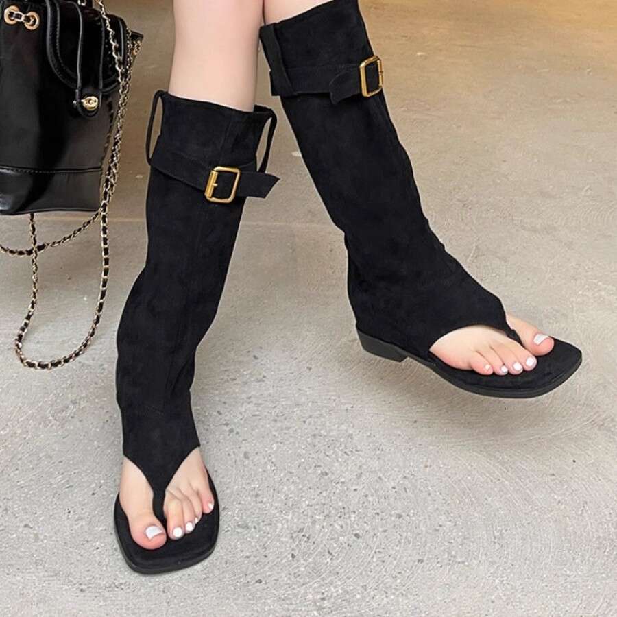 Yanshun~ Instant Hair Square Toe Clip for Women Summer New Style Hot Girl Western Cowboy Flat Stacked Boots Sandals