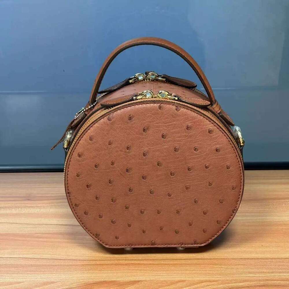 2025 New Designer Ostrich Women Top Handle Fashion Genuine Leather Lady Sholder High Grade Round Bucket Bag 45