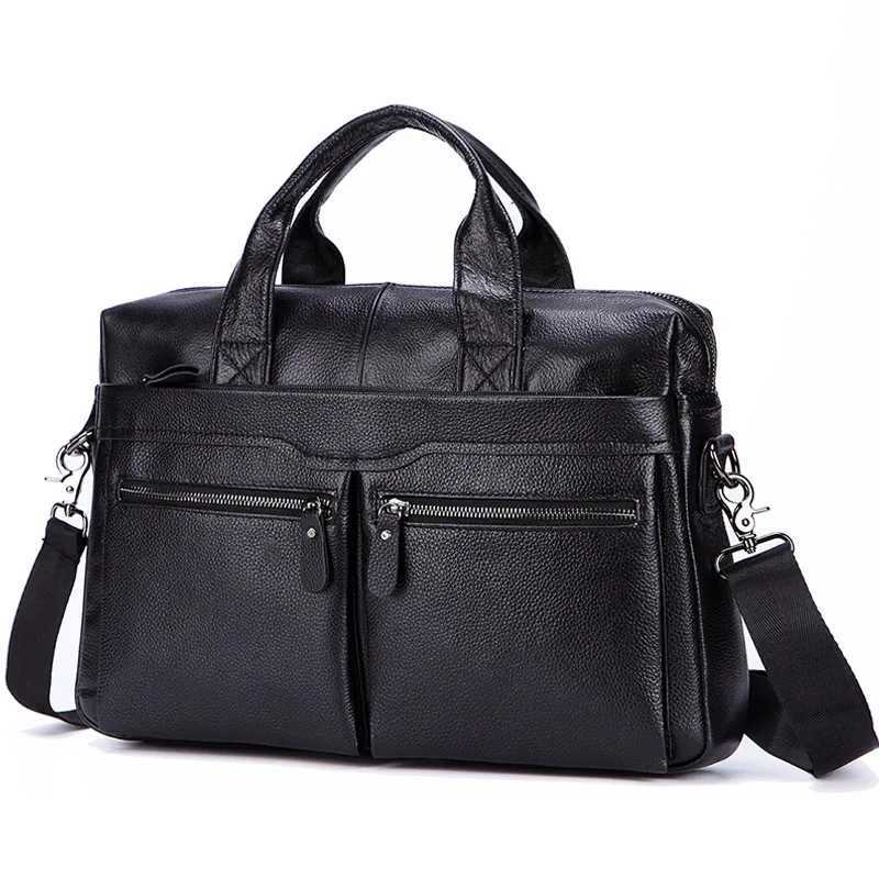 Black Men Genuine Leather Handbags Large Leather 14 Laptop Messenger Bags Business Mens Travel Bags Shoulder Bags Briefcase W250610