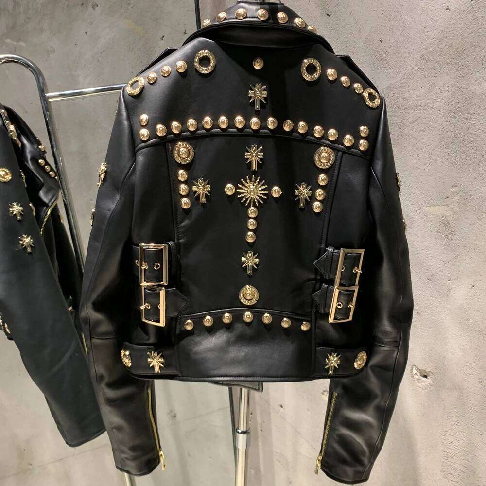 Leather Rivet High Street Ladies Autumn And Spring Fashion Wear Genuine Sheepskin Jacket 5860