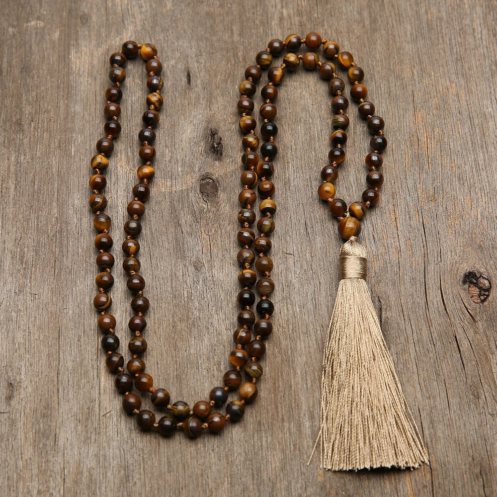 6mm Yellow Tiger Eye Mala Beads Necklace - Serene Meditation Aid with 108 Knotted Japa Mala Beads Tassel Detail 250604