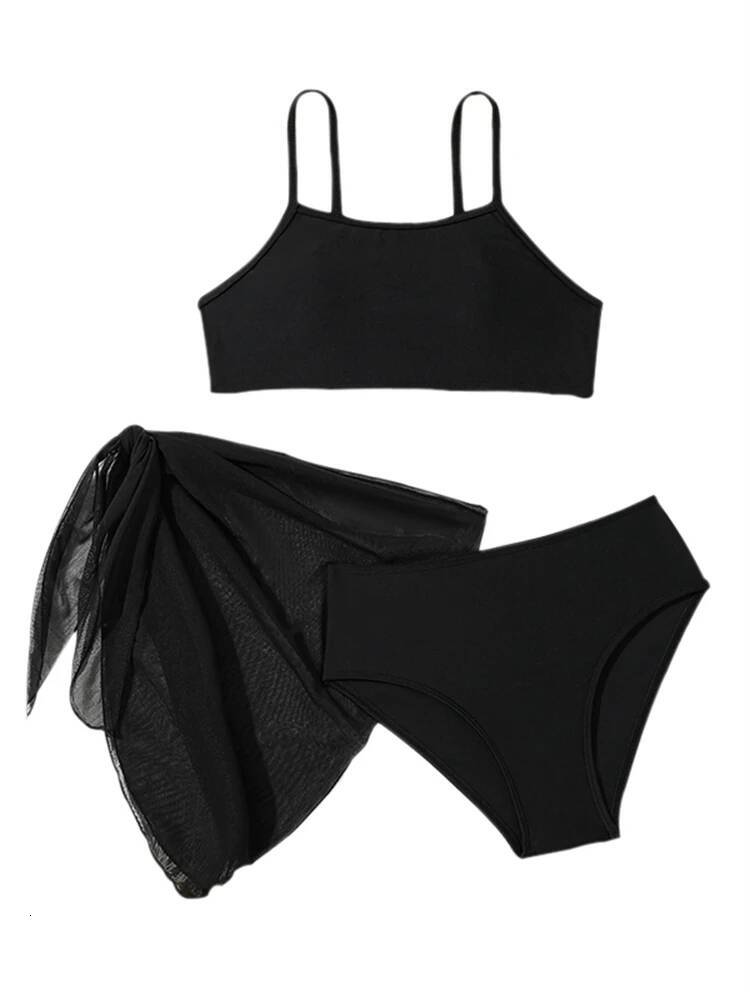 Girls Kids Swimsuit 2025 New Black Sling Bikini Set Children Swimwear Summer 3 Piece Beach Cover Up Bathing Suit Swimming