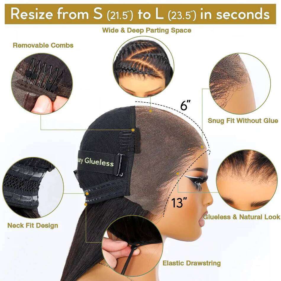 Ossilee 220 Density Pull Go Glueless with Elastic Drawstring Straight 13x6 HD Front Human Hair Wigs Pre Cut Lace Wig