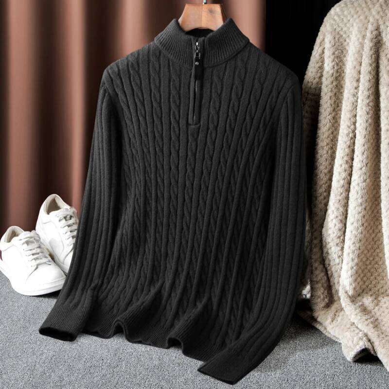 Boutique Men's Solid Color Turtleneck Top Autumn And Winter Thermal Zipper Pullover Stretch Sweater