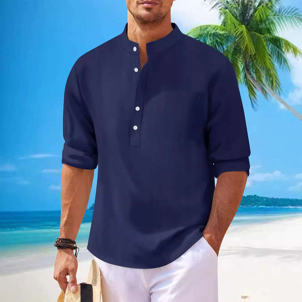 Autumn New Men's Solid Color Casual Cotton Linen Stand Collar Long Sleeve Shirt B5