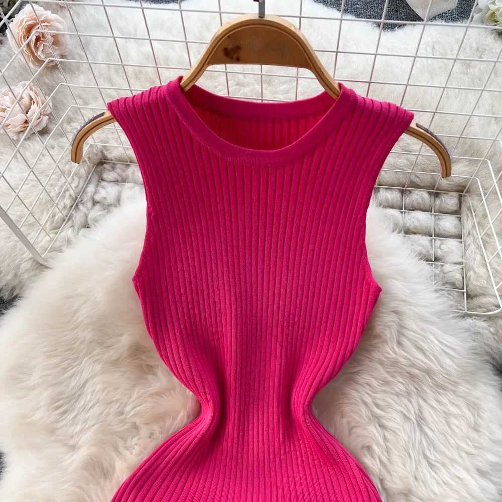 Summer Knitted Bodycon Sexy Dress 2024 O Neck Sleeveless Ruffled Party Sundress High Street Elastic Slim Short DressXJ250610