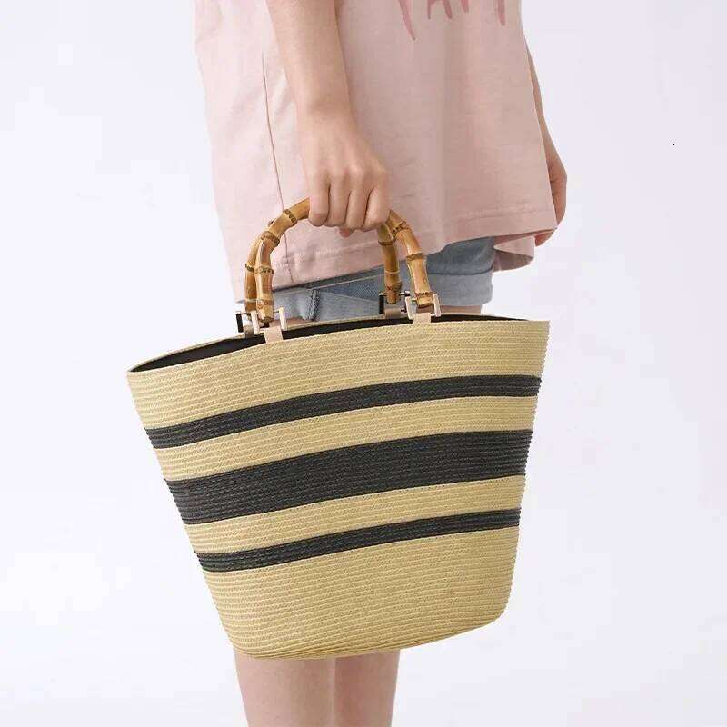Large Capacity Bamboo Handle Straw Casual Rattan PP Grass Woven Color Matching Striped Tote Summer Beach Shoulder Bag