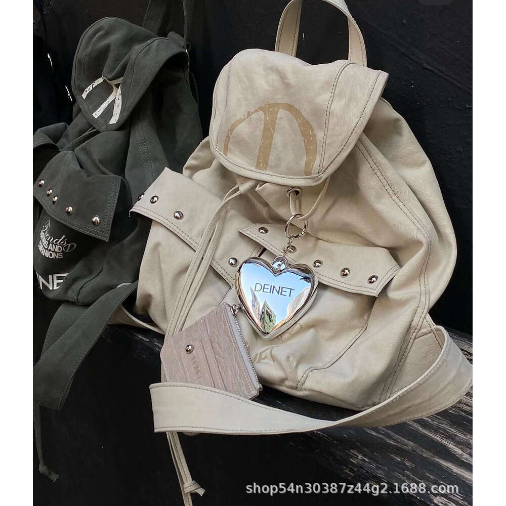 Korean Niche Brand Deinet D Letter Large Drawstring Pocket Rivet Canvas Backpack for Women