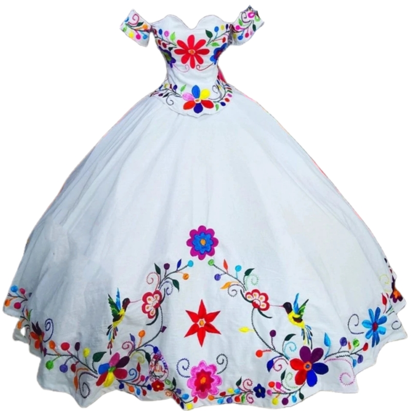 Colorful Floral Embroidery Quinceanera Dresses Mexican Charro Prom Boutique Dress For Teen Girls 15 Years Birthday Party Ball Gown Off Shoulder Sweeth