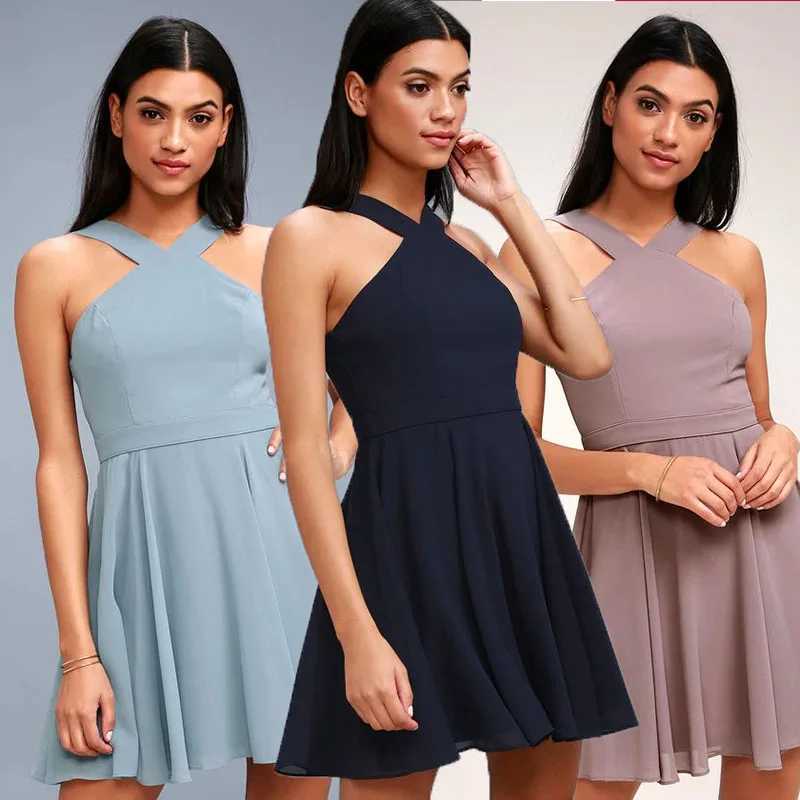 Women Sleeveless Backless Sexy Club Mini Dress 2024 Summer Party Strappy Back Zipper Solid Shift Halter Short Dresses XJ250610