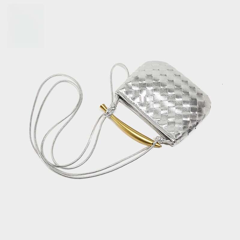 2025 New Silver Sardine Handwoven High-Quality Metal Handle Soft Leather Shoulder Crossbody Bag