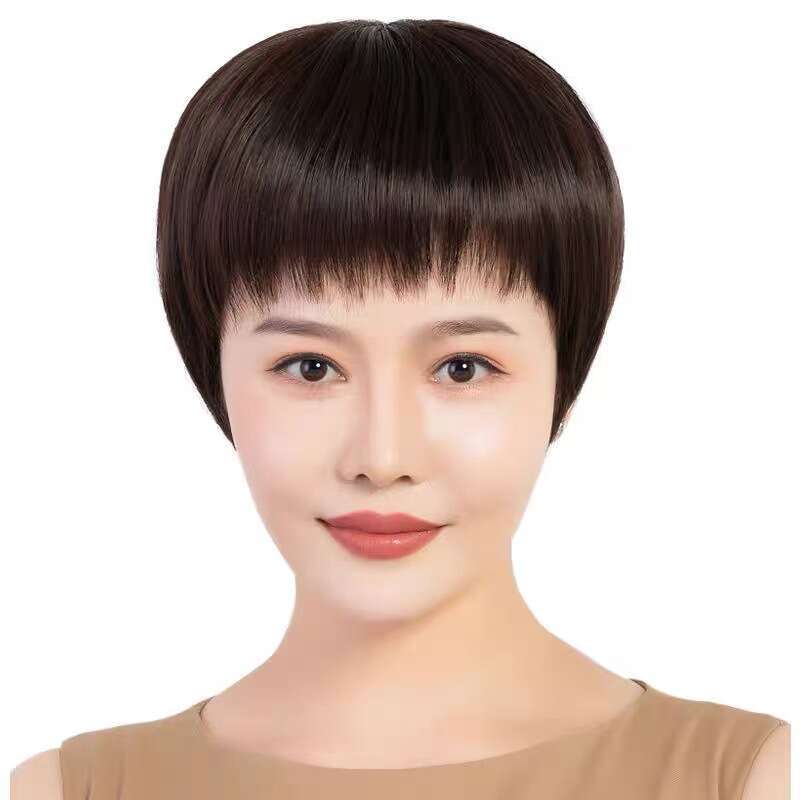 Hand-Woven Middle-Aged Mom Style Fashion Simple Short Straight Full Real Human Hair Wig