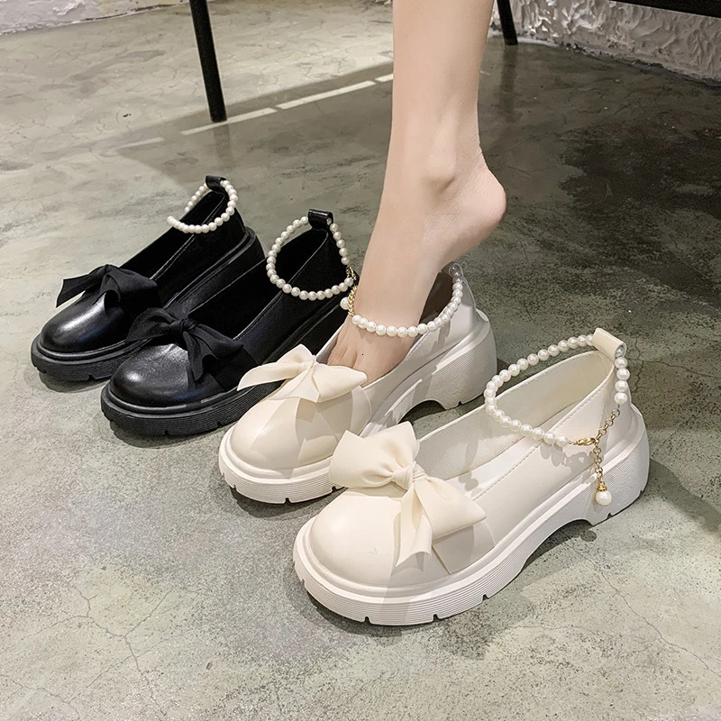Fashion Mary Jane Shoes Women 2024 Spring/summer Pearl Bow Single Shoe Chunky Heel Small Leather Shoes 250603