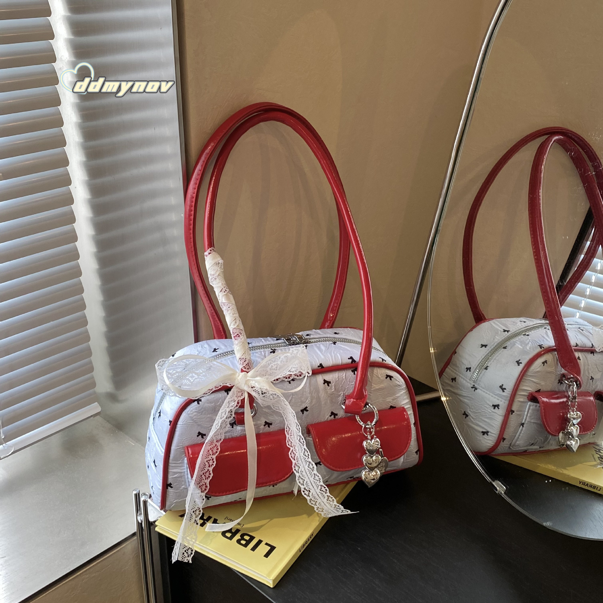 Korean Niche Bowknot Underarm Ins Double Pocket Bowling Handbag Stylish Shoulder Bag ddmynov