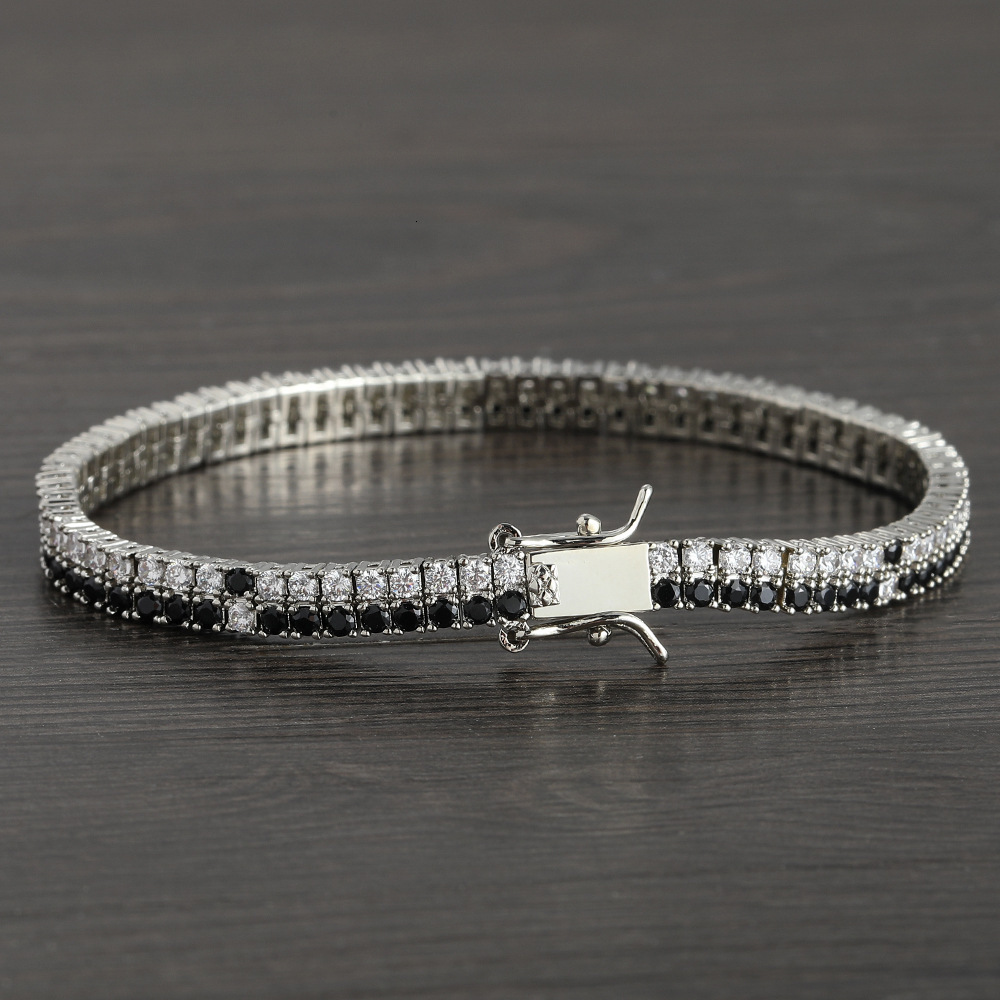 Wolf Tide Hip Hop Black And White Cubic Zirconia Tennis Bracelet Copper Inlaid Black And White Double Row Cz Stibes Sparkly Diamond Chains Bangle New 