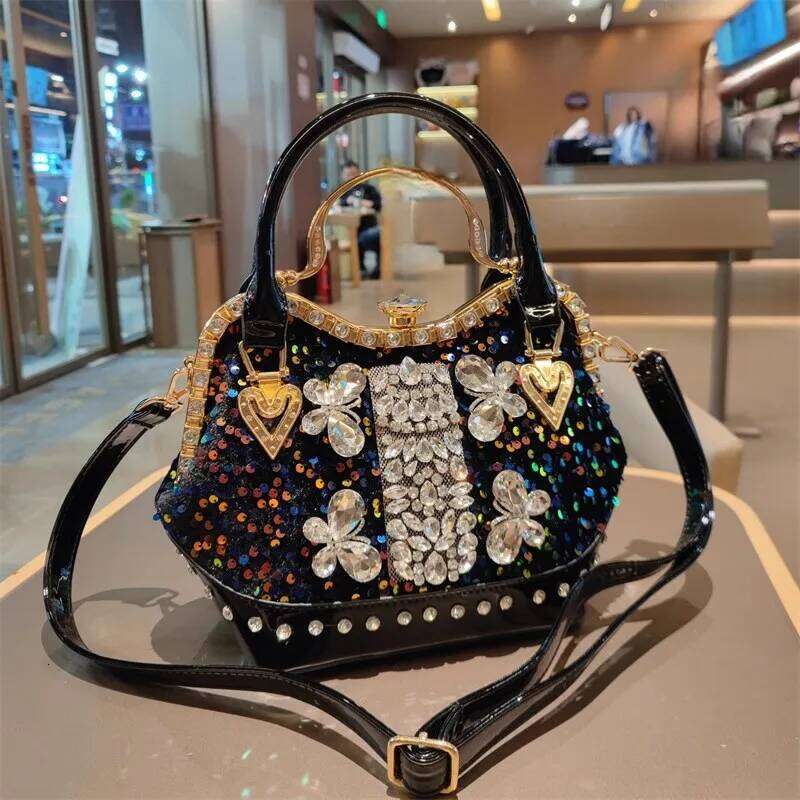 Designer Luxury Spring New Crystal Sequin Horizontal Large-Capacity Metal Button Handbag Banquet Dress One-Shoulder Cross-Body Women's Bag