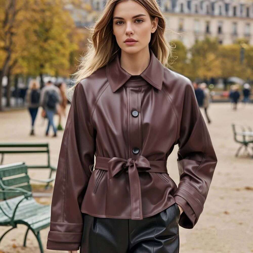 2025 Myst&Za women's summer new jacket with collar and belt, commuting casual faux leather short jacket, windbreaker
