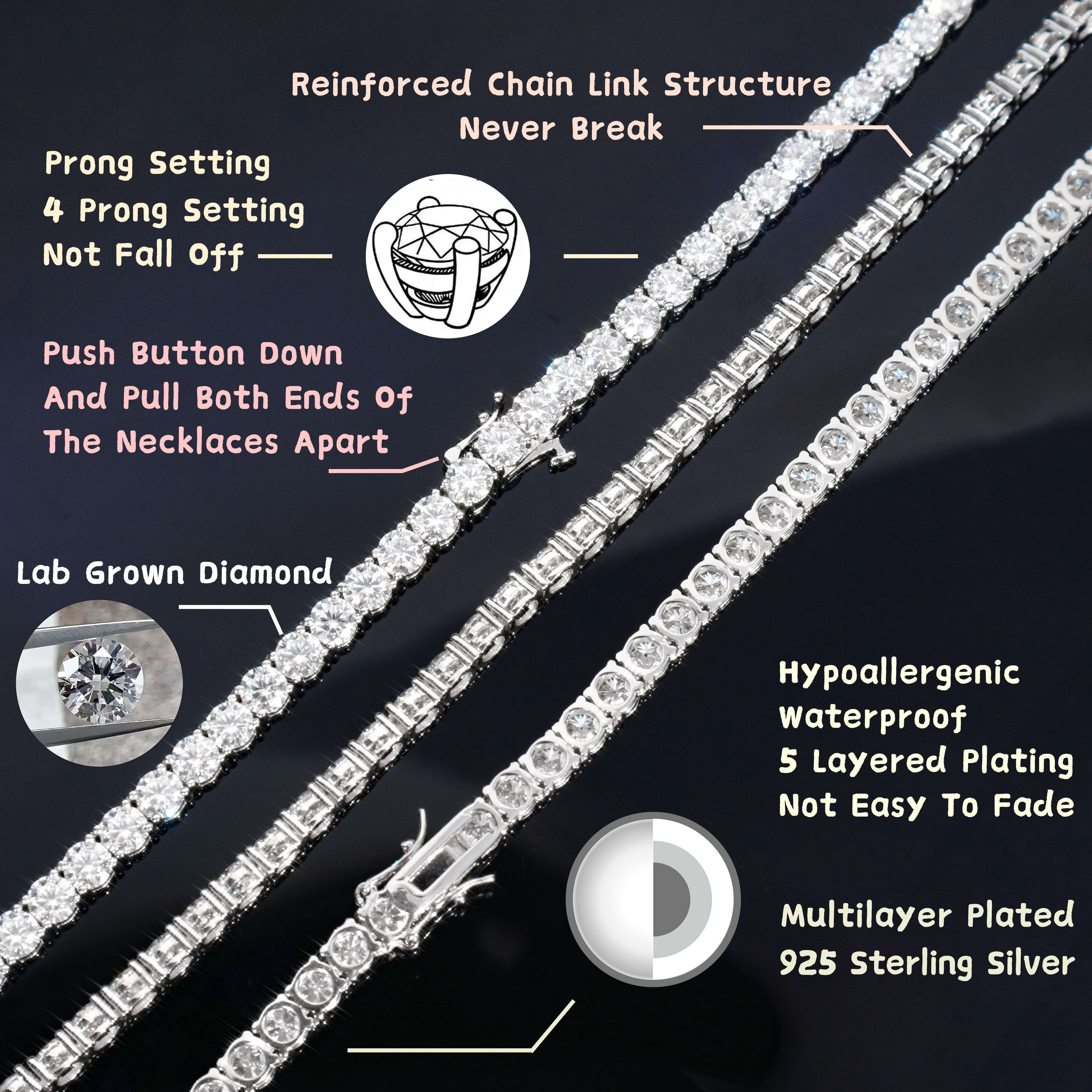 OACOCA GRA Certified 3mm 4mm 5mm 6mm Moissanite Chain 925 Silver Tennis Necklace VVS Moissanite Tennis Chain
