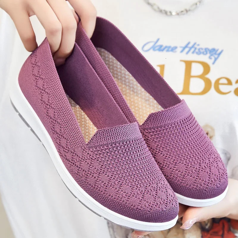 Spring Summer Breathable Knitted Flats for Women 2025 Comfortable Slip On Mom Shoes Woman Slip On Non Slip Casual Sneaker Female 250603