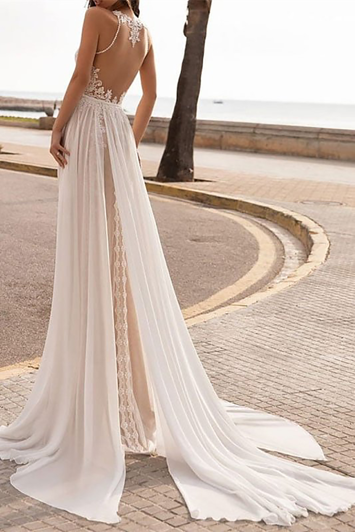 Floral Lace Wedding Dresses A Line Halter Bride Gowns with Chiffon Tiered Skirt Sleeveless Custom Made Formal Engagement Bridal Dresses for Birthday P