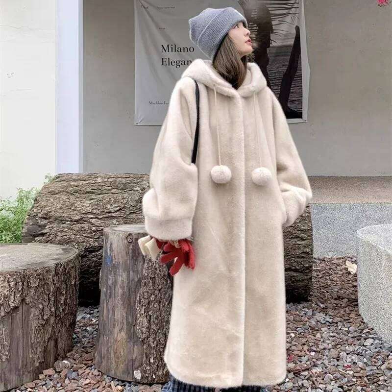 Fall Winter Hooded Mink Plush Jacket Women Overcoat Loose Long Wool Imitation Fur Eco-Friendly Thick Warm Parker Coat