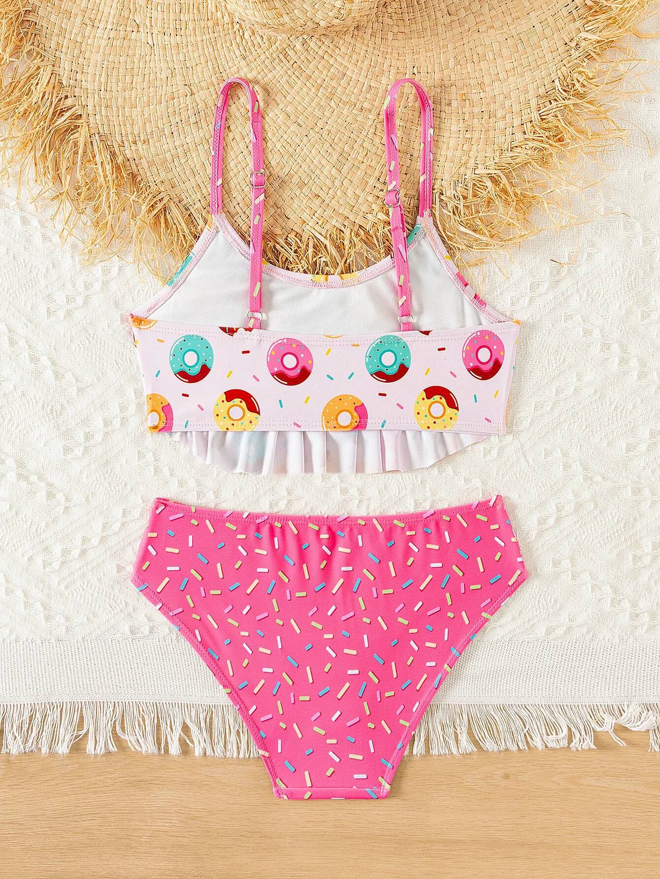 Donut Print Ruffle Deco Bikini Set Summer Beach Outdoor Cute 2-piece swimwear Contrast Adjustable Girls Kids Swimsuit