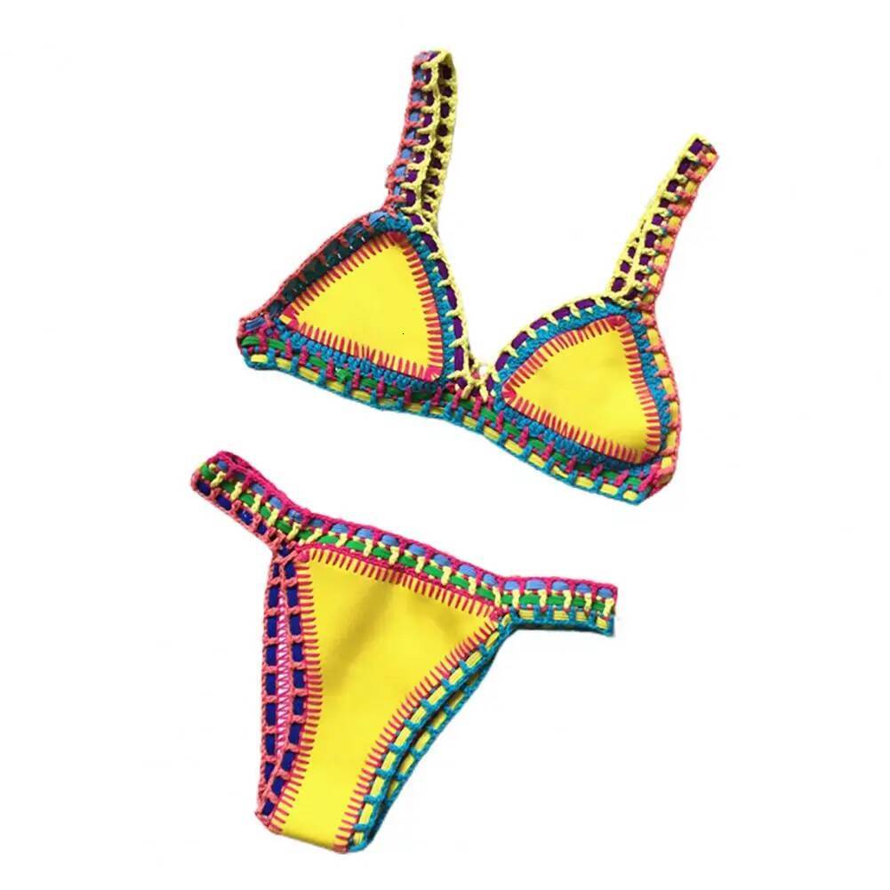 2 Pcs/Set Bathing Suit Bright Color Patchwork Bikini Set Handmade Crochet Women Swimsuit For Beach