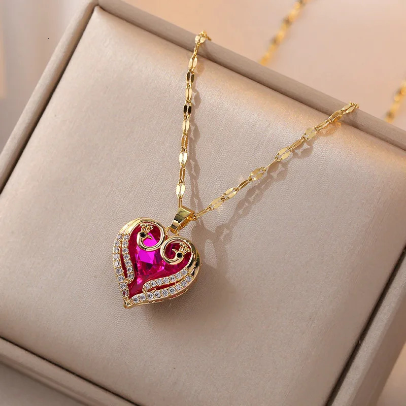 Colorful Zircon Love Heart Pendant Necklaces for Women Girls Stainless Steel Trendy Romantic Jewelry Accessories Gifts 250609