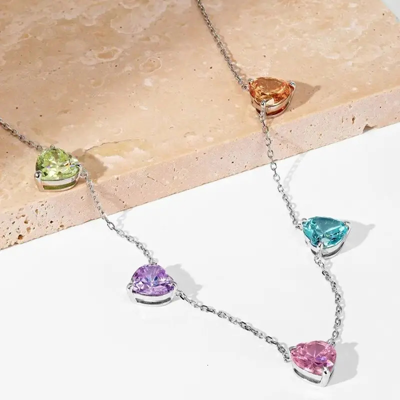 Genuine S925 Sterling Silver Necklace 5 Rainbow Heart Pendants Cubic Zircon Elegant Jewelry Gift for Women Wife Girlfriend 250609