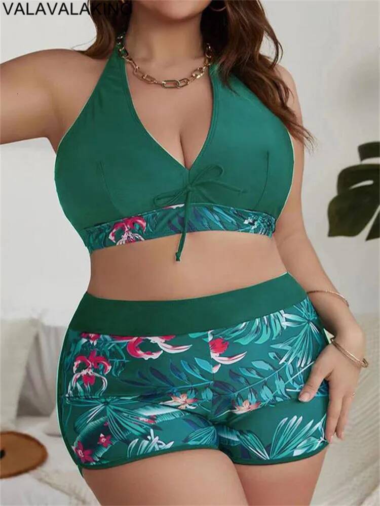 2025 Patchwork Two Piece Plus Size Bikini Women Tied Halter Large Swimsuit Push Up Lady Chubby Swimwear Beach Curvy Bathing Suit
