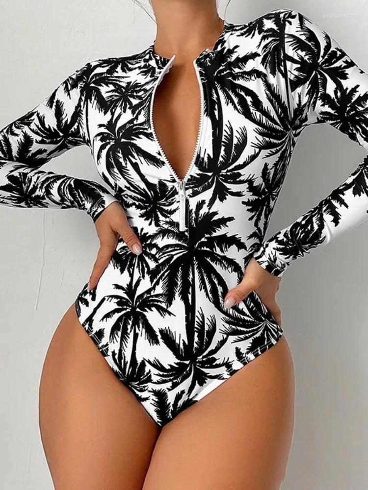 Women's Swimwear 2025 Long Sleeve One Piece Swimsuit Women Floral Print Zip Front Modest Tummy Control Bathing Suit Beach Swim Bodysuit