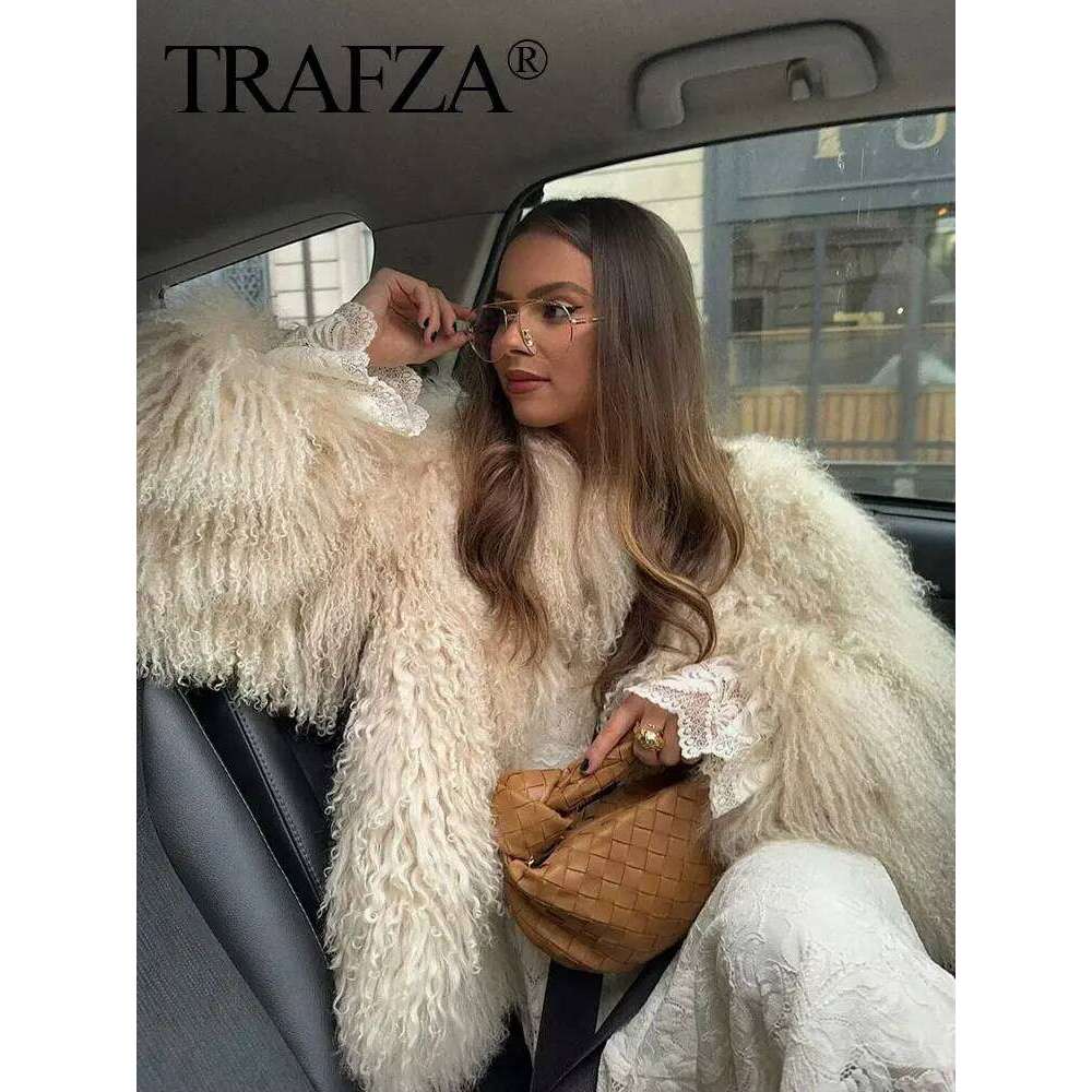 TRAFZA Winter Female Trendy Elegant Fur Coats Casual Solid Long Sleeves Turn Down Collar 3 Colors Autumn Warm Chic Jackets