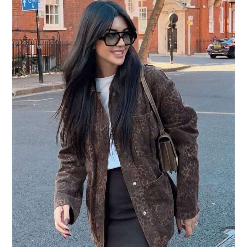 TRAFZA Women Fall Winter PU Leopard With Lace-up Lapel Pocket Button Lined New 2024 Fashion Vintage Leather Jacket