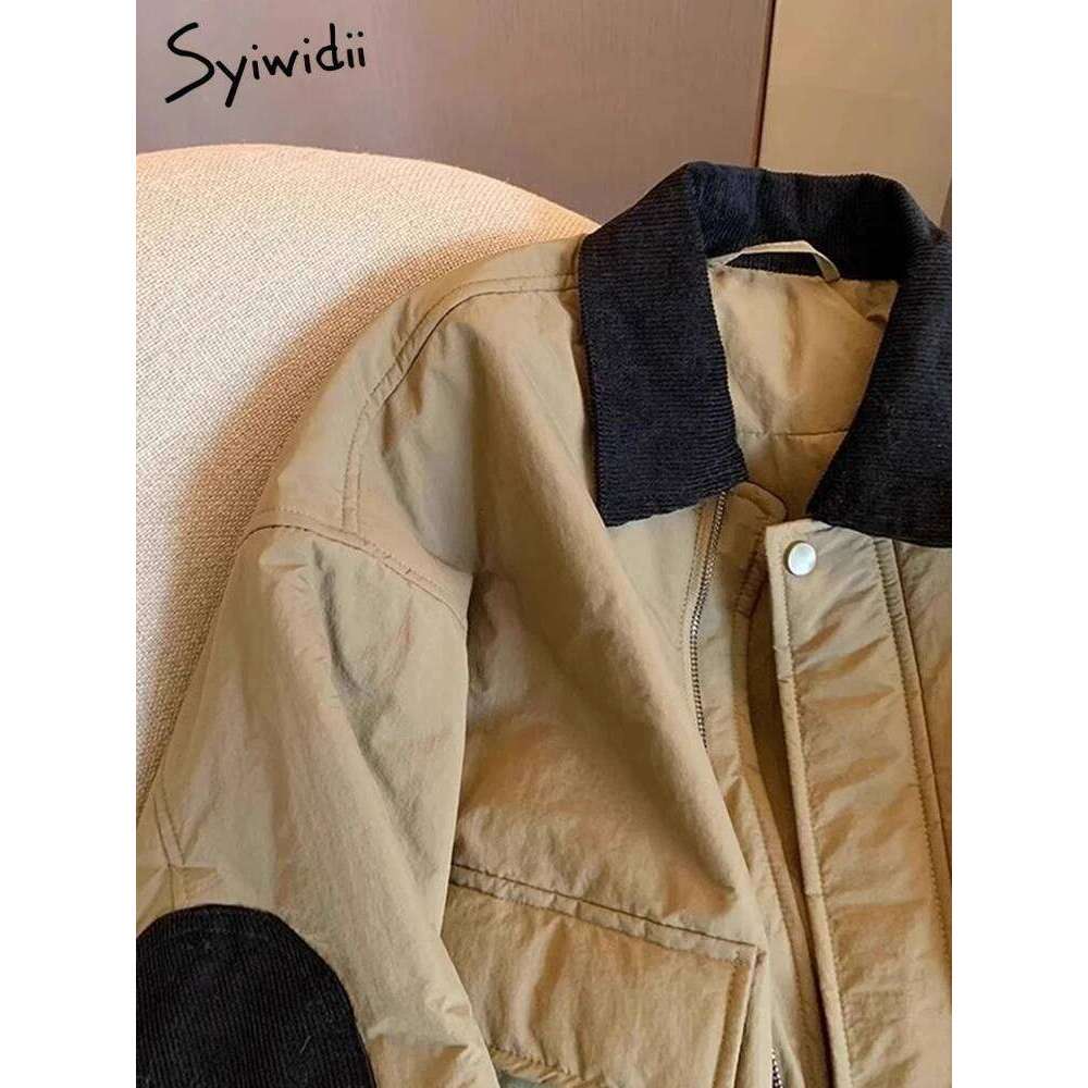 Syiwidii Vintage Parkas for Women Turn-down Collar Pockets Casual Coat Autumn Winter 2024 New Long Sleeve Female Thermal Jackets