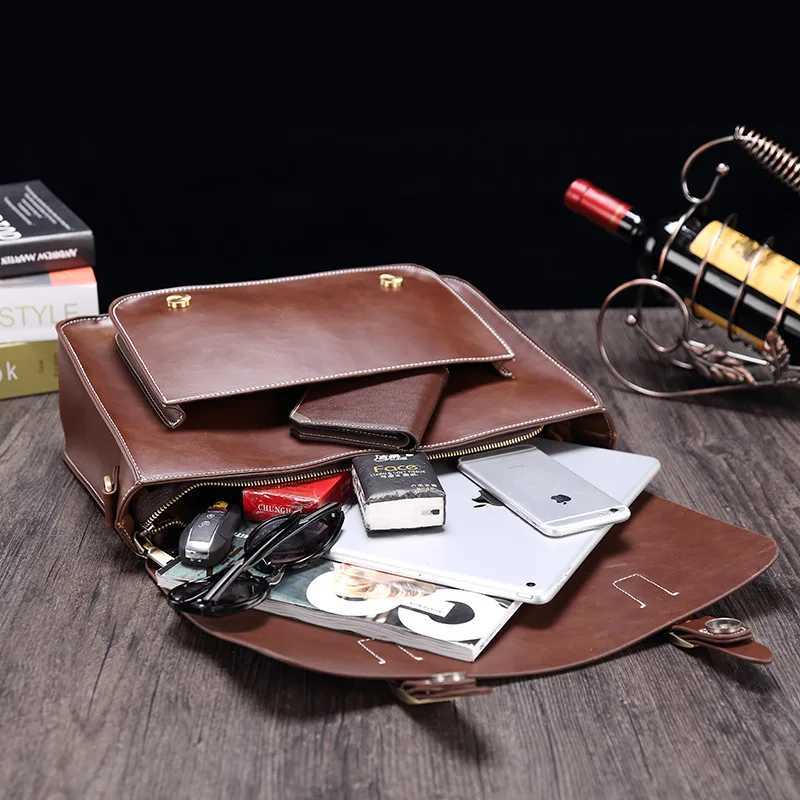 Mens Briefcase Crazy Horse PU Leather Vintage Student Satchel School Office Tote Handbag Shoulder Business Shoulder Womens Bag W250610