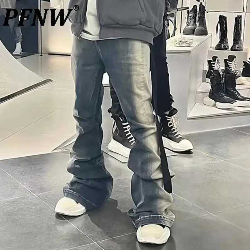 PFNW American High Street Washed Gradient Blue Belt Design Dragged Casual Jeans Micro Flare Pants Mens Tide Trousers 28W5711 M250610