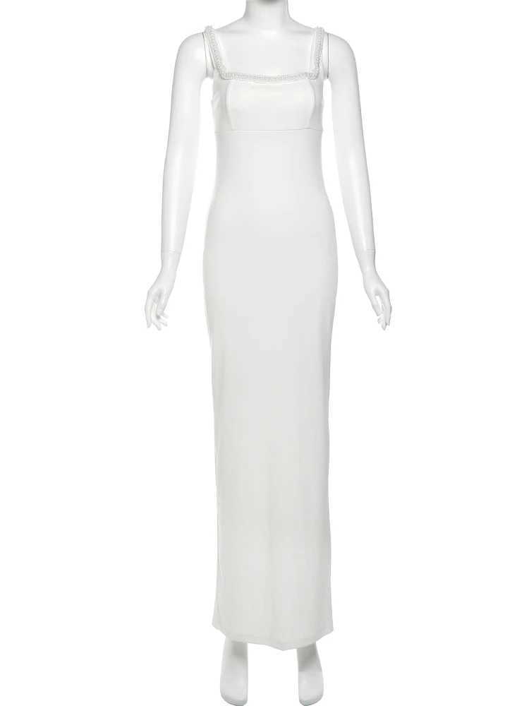 Weird Puss Pearl-Decorated Dress Women Sexy Solid Slim Slit Patchwork Spaghetti Strap Elegant Midnight Clubwear Party Dresses XJ250610